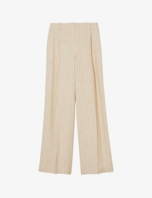 Shop Sandro Women's Naturels Pleated Stripe Wide-leg High-rise Woven Trousers