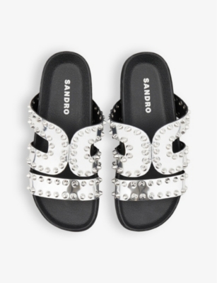 Shop Sandro Women's Noir / Gris Rivet-embellished Metallic Flat Leather Sandals