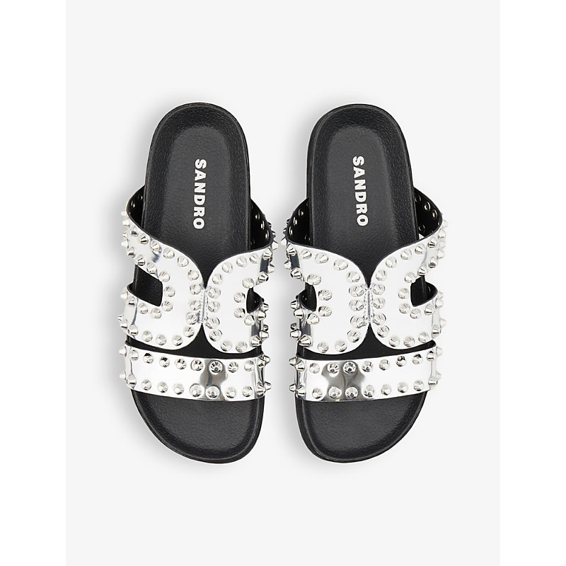 Shop Sandro Womens Noir / Gris Rivet-embellished Metallic Flat Leather Sandals