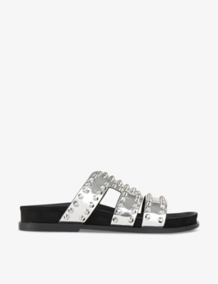 Shop Sandro Women's Noir / Gris Rivet-embellished Metallic Flat Leather Sandals