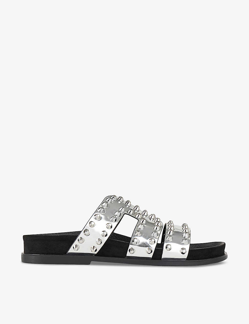 Shop Sandro Womens Noir / Gris Rivet-embellished Metallic Flat Leather Sandals