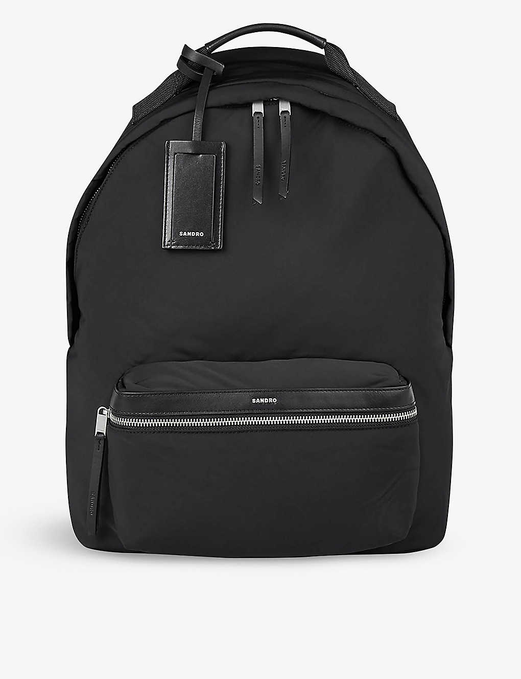 Sandro Mens Black Logo-embossed Adjustable Nylon Backpack In Noir / Gris