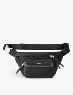 Sandro Mens Black Logo-badge Adjustable Nylon Belt Bag In Noir / Gris