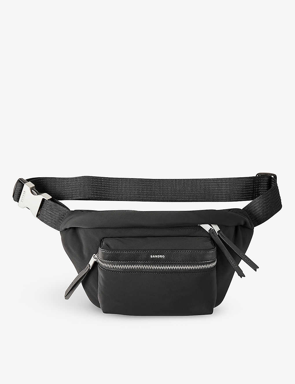 Sandro Mens Black Logo-badge Adjustable Nylon Belt Bag In Noir / Gris