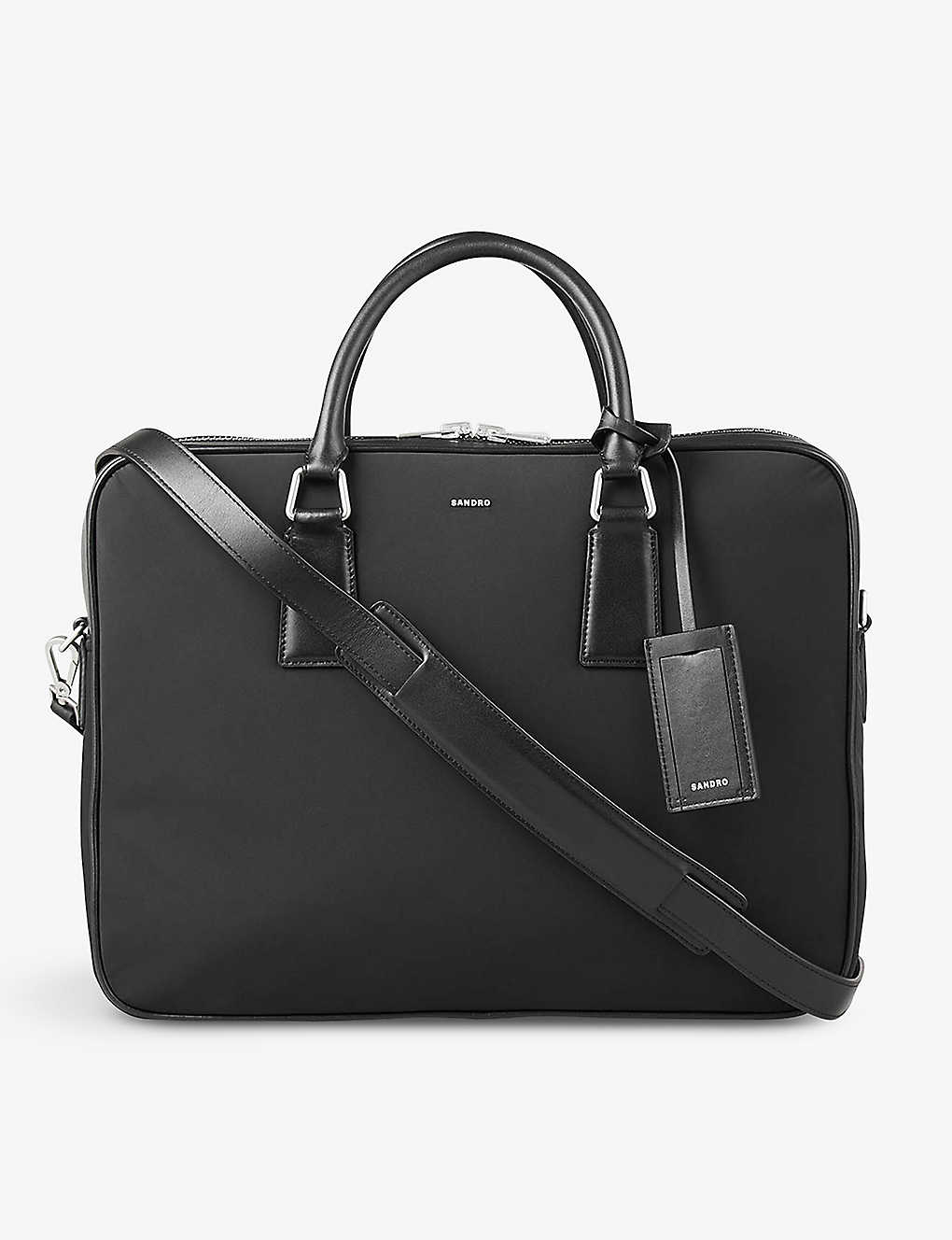 Sandro Mens Black Logo-badge Top-handle Nylon Laptop Bag In Noir / Gris
