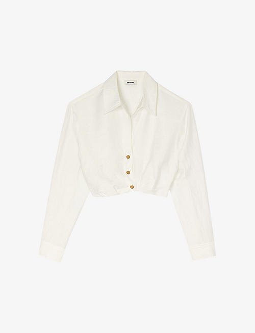 SANDRO: Lapel-collar long-sleeve cropped linen-blend shirt