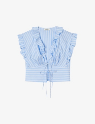 Shop Sandro Women's Bleus Ruffle-trim Striped Cotton Top