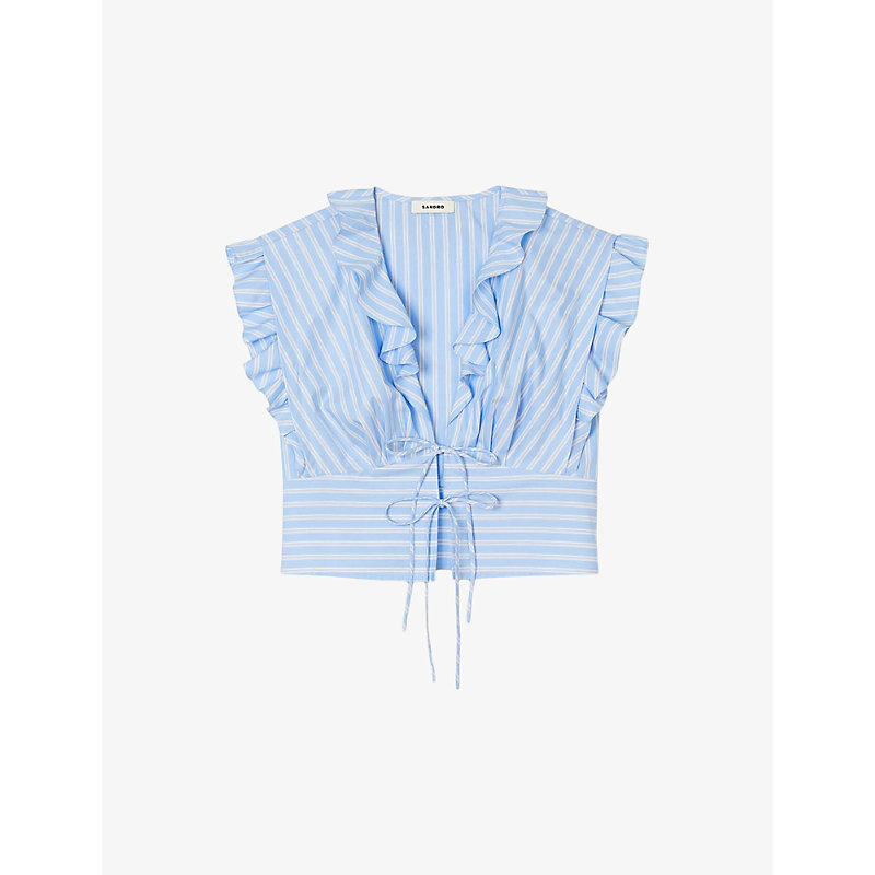 Shop Sandro Womens Bleus Ruffle-trim Striped Cotton Top