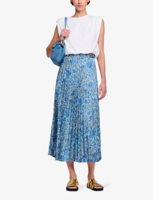 Shop Sandro Womens Bleus Floral-print High-rise Woven Midi Skirt