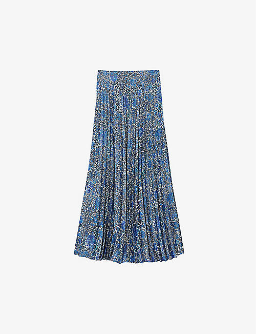 SANDRO: Floral-print high-rise woven midi skirt