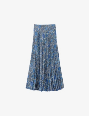 Shop Sandro Women's Bleus Floral-print High-rise Woven Midi Skirt