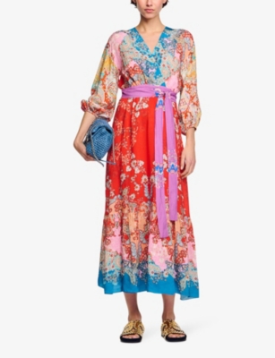 Shop Sandro Womens Bleus Graphic-print Wrap-front Woven Midi Dress