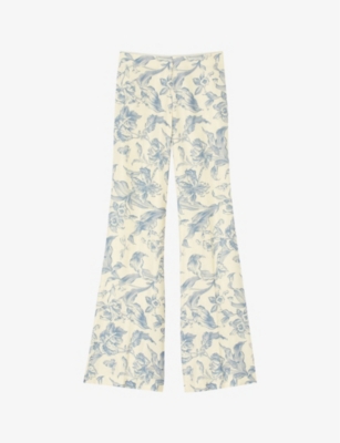 Sandro Womens Bleus Floral-print High-rise Linen-blend Trousers