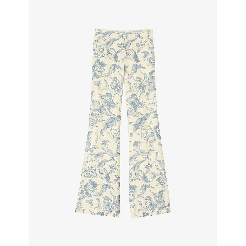 Sandro Womens Bleus Floral-print High-rise Linen-blend Trousers