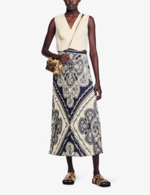Shop Sandro Women's Naturels Henne Bandana-pattern Pleated Woven Maxi Skirt