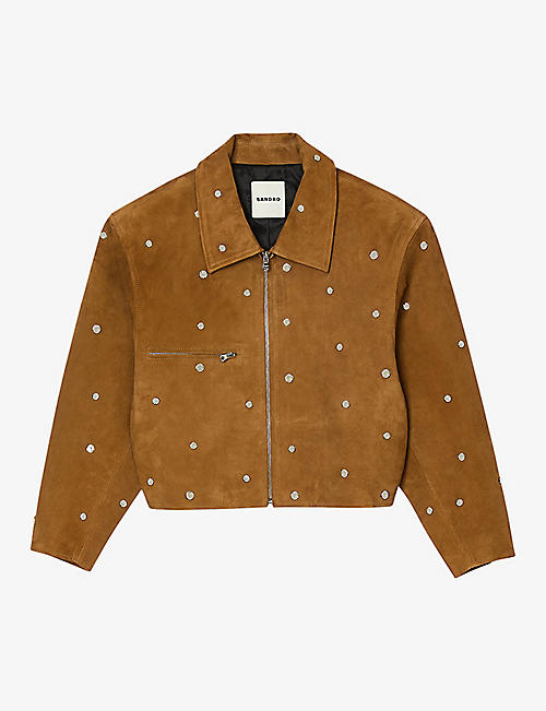 SANDRO: Stud-embellished cropped suede jacket