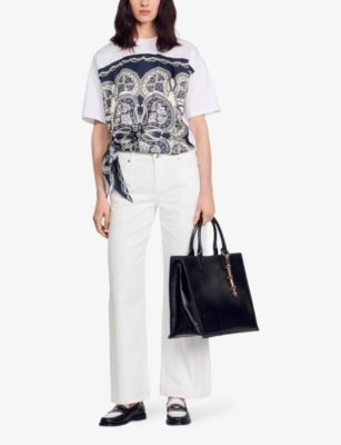 Shop Sandro Women's Bleus Graphic-print Tied Cotton T-shirt