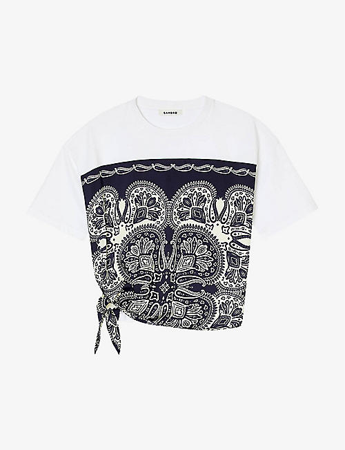 SANDRO: Graphic-print tied cotton T-shirt