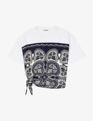 Sandro Womens Bleus Graphic-print Tied Cotton T-shirt