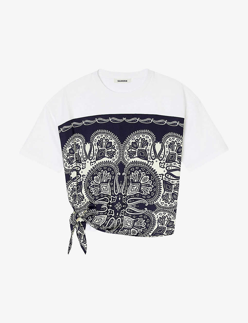 Sandro Womens Bleus Graphic-print Tied Cotton T-shirt