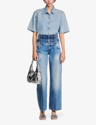 Shop Sandro Women's Bleus Triple-waist High-rise Denim Jeans
