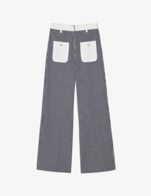 SANDRO: Striped patch-pocket flared-leg mid-rise cotton trousers