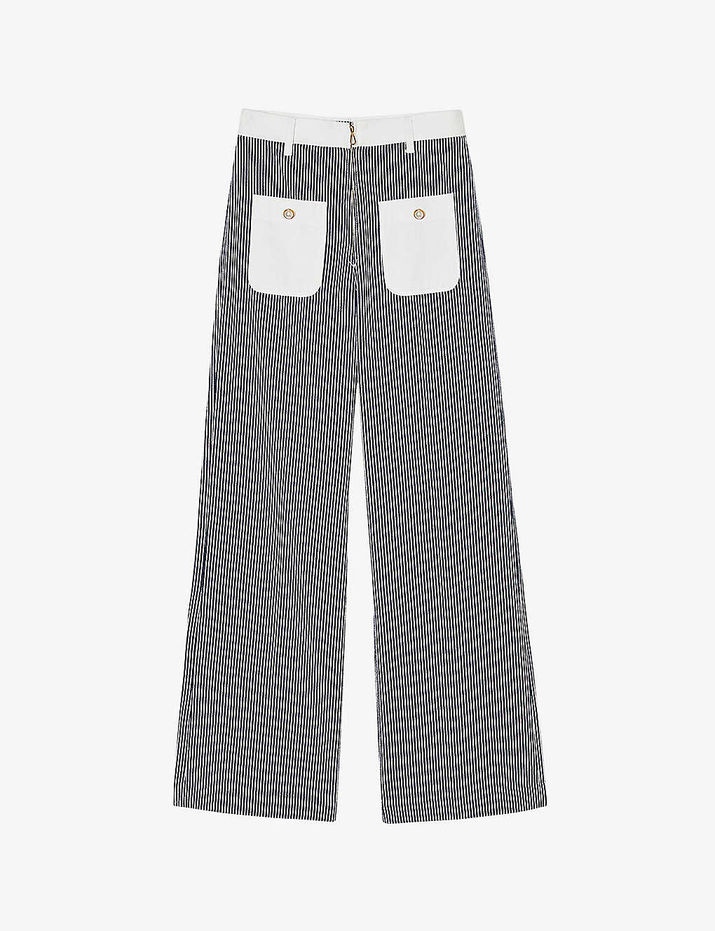 Shop Sandro Women's Bleus Striped Patch-pocket Flared-leg Mid-rise Cotton Trousers