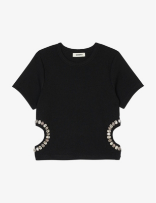 SANDRO: Crystal-embellished cut-out stretch-woven top