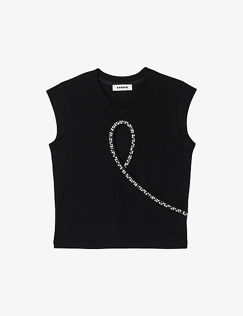 SANDRO: Crystal-embellished cut-out stretch-cotton top