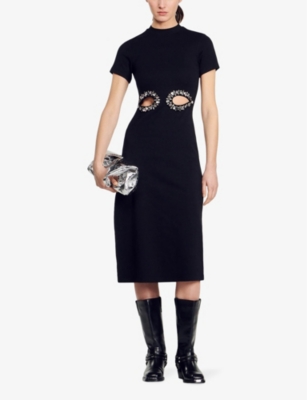 Shop Sandro Womens Noir / Gris Crystal-embellished Cut-out Stretch-cotton Midi Dress