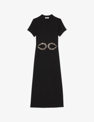 Shop Sandro Womens Noir / Gris Crystal-embellished Cut-out Stretch-cotton Midi Dress