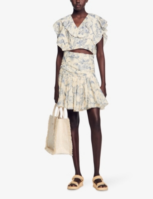 Shop Sandro Womens Bleus Floral-print Ruffle-trim Linen-blend Top