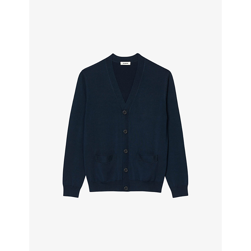 Sandro Mens Bleus V-neck Regular-fit Wool-blend Cardigan
