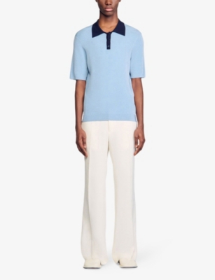Sandro Mens Bleus Contrast-collar Stretch-knit Polo Shirt