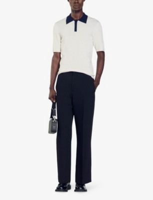 Shop Sandro Mens Naturels Contrast-collar Stretch-knit Polo Shirt