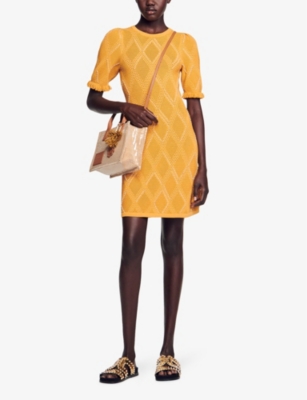 Shop Sandro Womens Jaunes / Oranges Round-neck Diamond-pattern Knitted Mini Dress