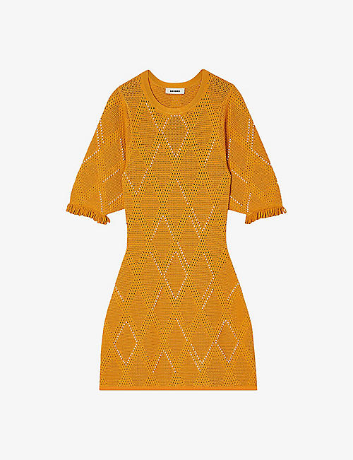SANDRO: Round-neck diamond-pattern knitted mini dress