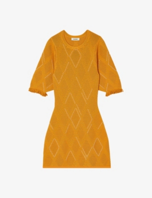 Shop Sandro Women's Jaunes / Oranges Round-neck Diamond-pattern Knitted Mini Dress
