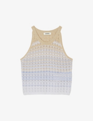 Shop Sandro Women's Bleus Zig-zag Pattern Cropped Stretch-knit Top