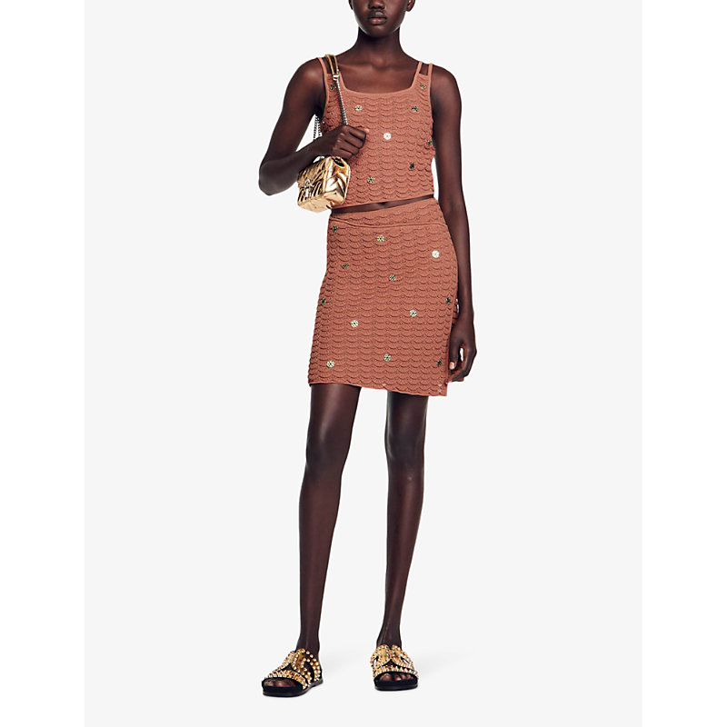 Shop Sandro Womens Bruns Crystal-embellished Wrap-around Knitted Mini Skirt