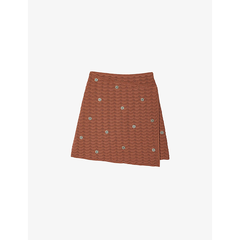 Shop Sandro Womens Bruns Crystal-embellished Wrap-around Knitted Mini Skirt
