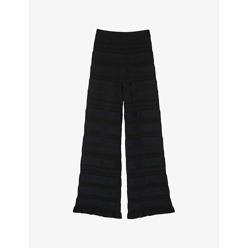 Sandro Womens Noir / Gris Ruffle-trim Flared-leg Stretch-knit Trousers