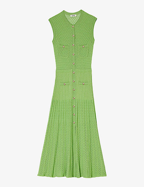 SANDRO: Patch-pocket pleated pointelle-knit midi dress