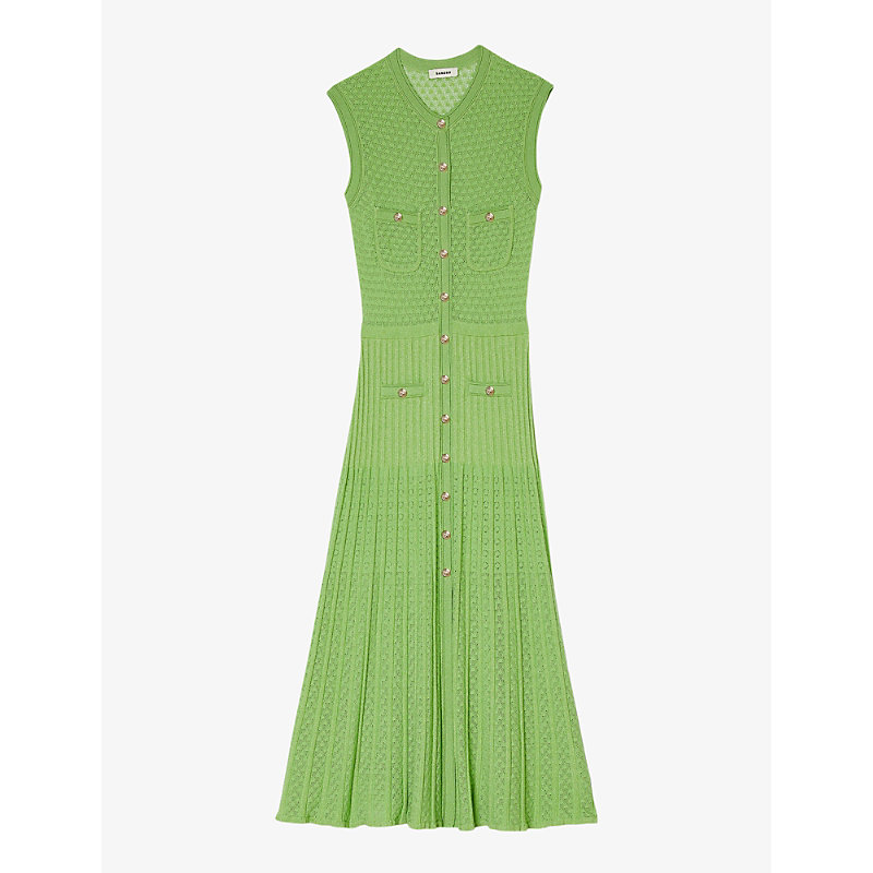 Shop Sandro Women's Verts Patch-pocket Pleated Pointelle-knit Midi Dress