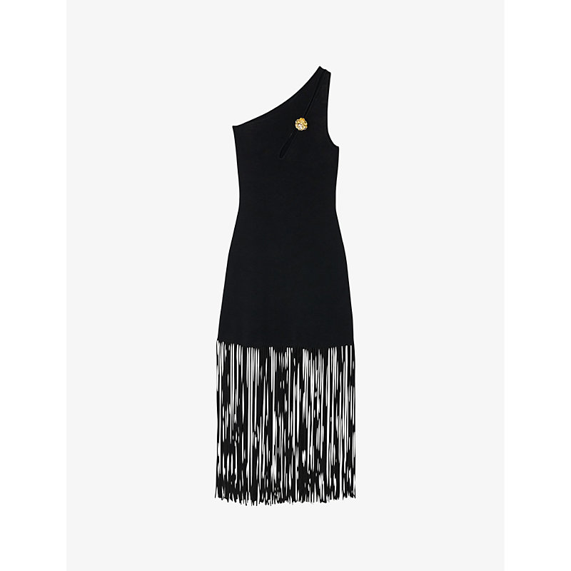 Sandro Womens Noir / Gris Fringe-hem Stretch-knit Maxi Dress