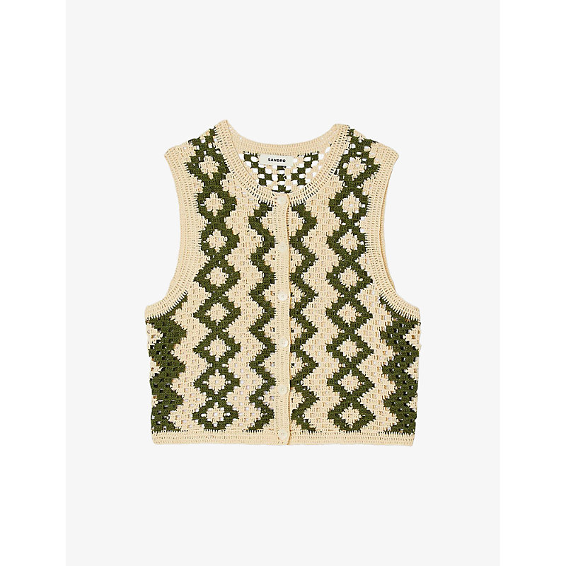 Shop Sandro Womens Naturels Zig-zag Weave Crochet-knit Cardigan