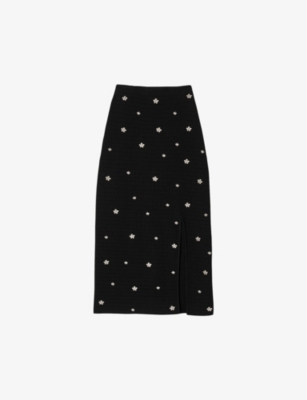 Shop Sandro Womens Noir / Gris Flower-hardware Textured Knitted Midi Skirt