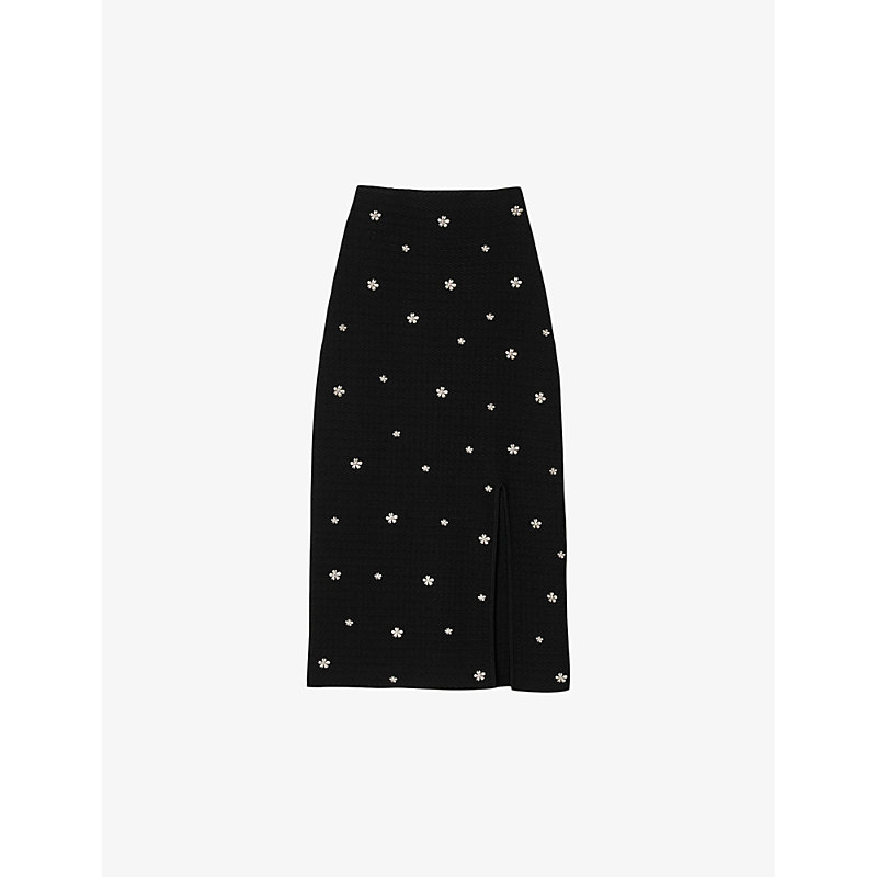 Shop Sandro Women's Noir / Gris Flower-hardware Textured Knitted Midi Skirt