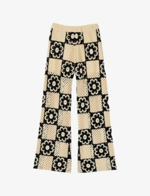 Sandro Womens Naturels Flower-motif Straight-leg Crochet-knit Trousers