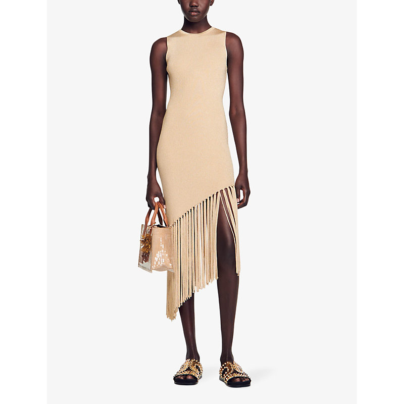 Shop Sandro Women's Jaunes / Oranges Fringed-hem Slim-fit Asymmetrical Stretch-woven Midi Dress
